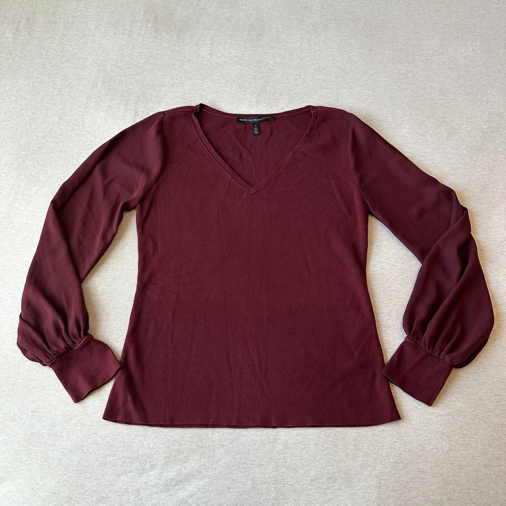 White House Black Market Burgundy V Neck Sheer Sleeve Sweater Top Women M